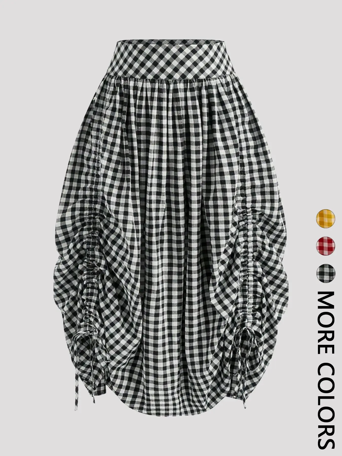 Gingham Ruched Drawstring Adjustable Asymmetrical Midi Skirt, Aesthetic Retro Streetwear Style Gingham Ruched Drawstring Adjustable Asymmetrical Midi Skirt, Aesthetic Retro Streetwear Style