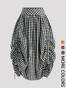 Gingham Ruched Drawstring Asymmetrical Midi Skirt, Retro Streetwear Style