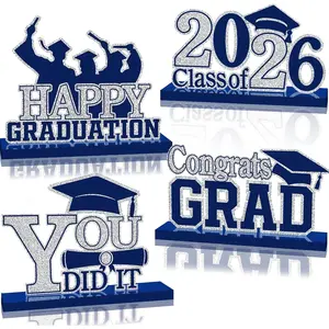 4Pcs Class of 2026 Graduation Decorations Wood Table Centerpieces Congrats Grad Wooden Table Toppers Tiered Tray Decor for Graduation Party(Navy Blue-Silver)