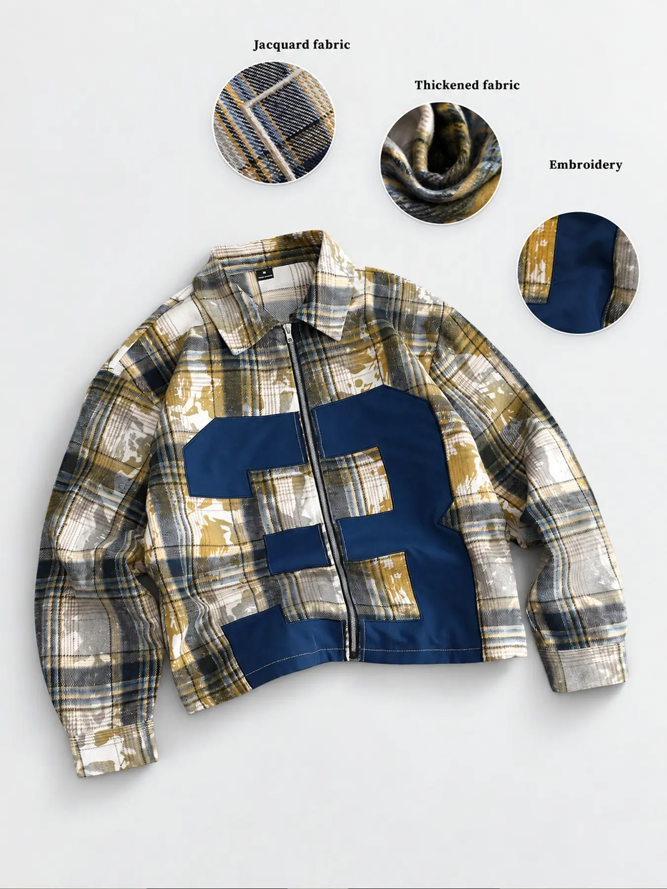Trendy Vintage Plaid Patchwork Jacket, Distressed Blue Grid, Modern Splicing Design, Loose Fit, Essential Streetwear Outerwear