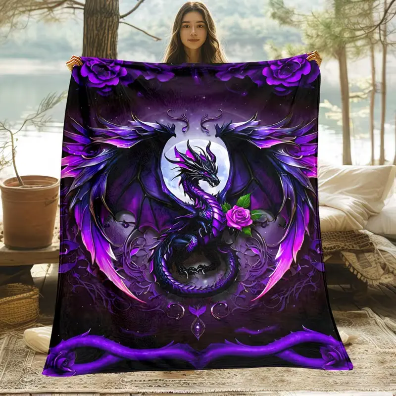 Dragon Pattern Printed Flannel Blanket, Decorative Blanket, Featuring dark purple-black dragon scales with white roses and Chinese dragon motifs, this soft and warm all-season blanket is fantasy-style bedding for queen/king size beds