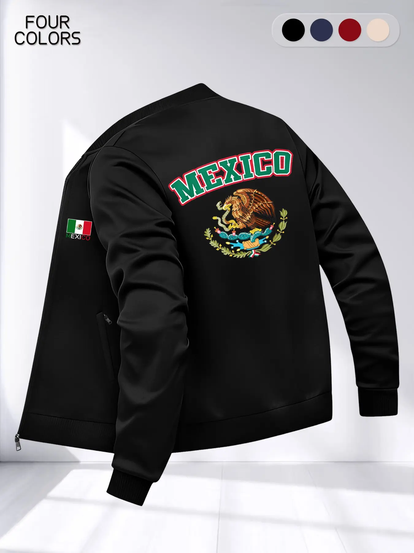 Men's Regular Fit Fashion Jacket with Zipper Pockets, Casual Loose Long Sleeve Outerwear, Casual Wear Coat, Mexican Street Style Print, Spring & Fall Daily Wear, Streetwear Outerwear