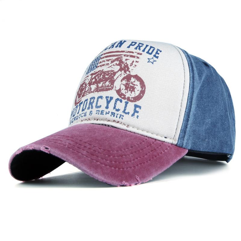 Pure cotton five-panel printed motorcycle baseball cap, trucker cap, distressed washed hat, outdoor sun hat, trendy Korean style