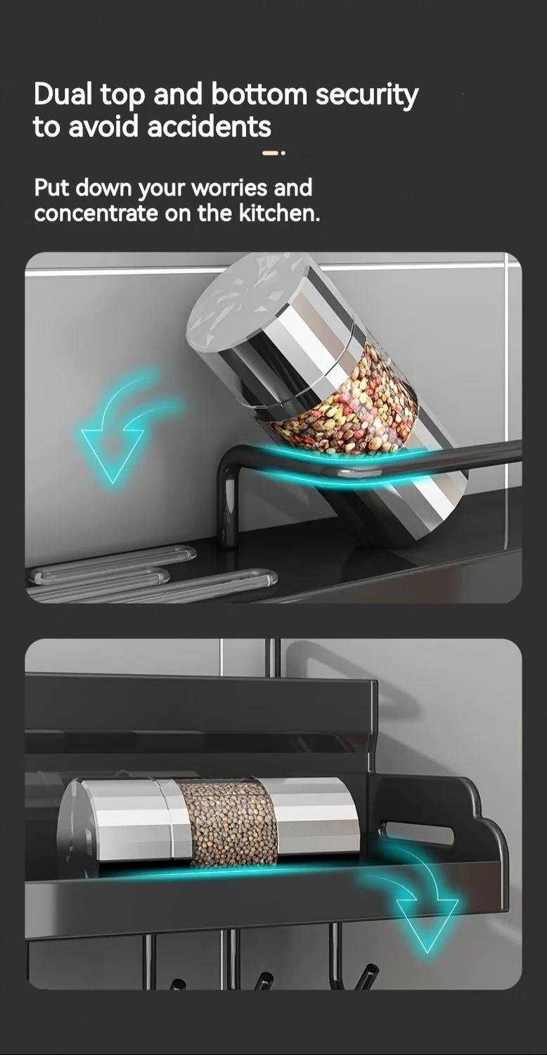 Double-layer Kitchen Spice Knife Storage Rack For Home Storage Decoration 7.68 inches width Wall-mounted Multifunctional Holder Punching-free Storage Organizer With Chopsticks Towel Rail and Utensil Hook