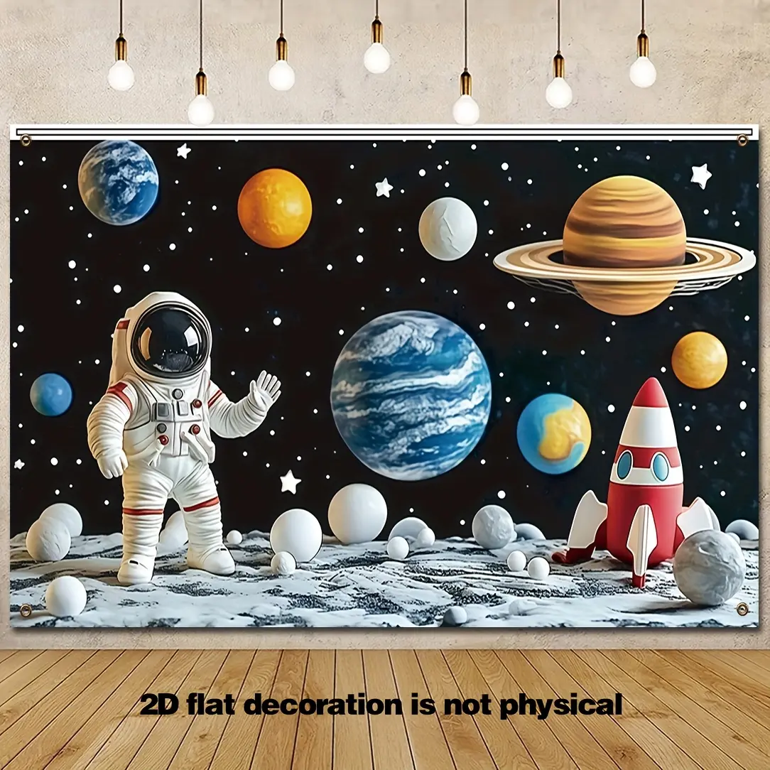 2D Flat Banner 1pc Spacethemed Birthday Party Backdrop Cartoon Outer Space with Planets Rocket Stars Banner Celebrations Photography Background Space Party Decorations
