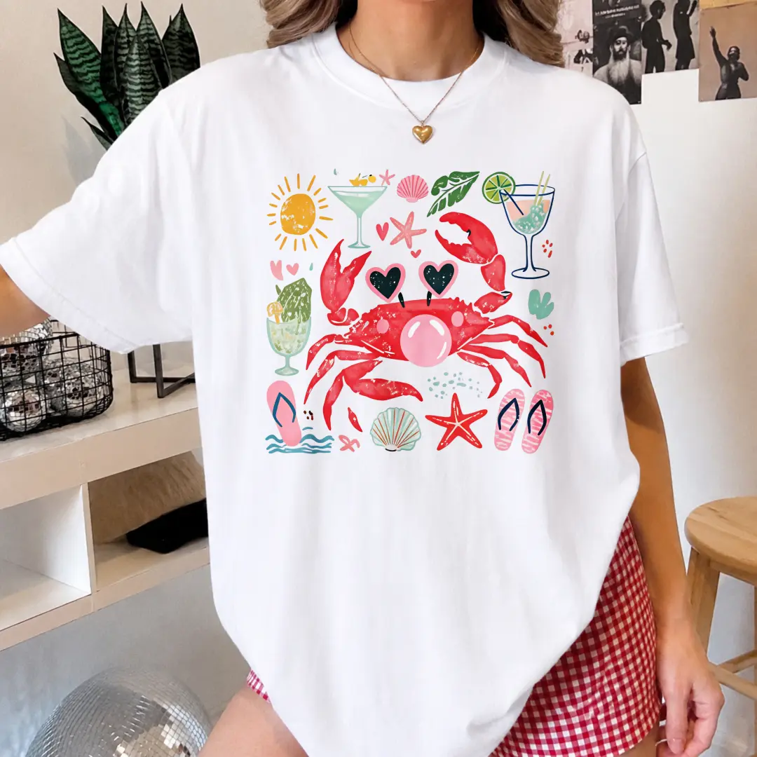 viral tiktok shirt Funny Crab Shirt, Crab Blowing Bubble Graphic Tee, Beach Vibes Nautical T-shirt, Summer Vacation Gift - AMBER