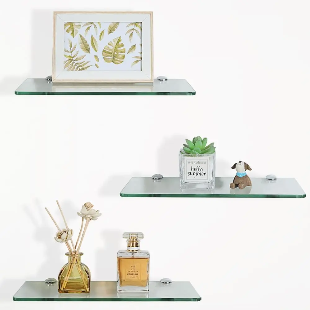 Tempered Glass Floating Shelves for Wall, 12 Inch Set of 3, Clear - Bathroom, Living Room, Bedroom, Office, Kitchen DecorGift