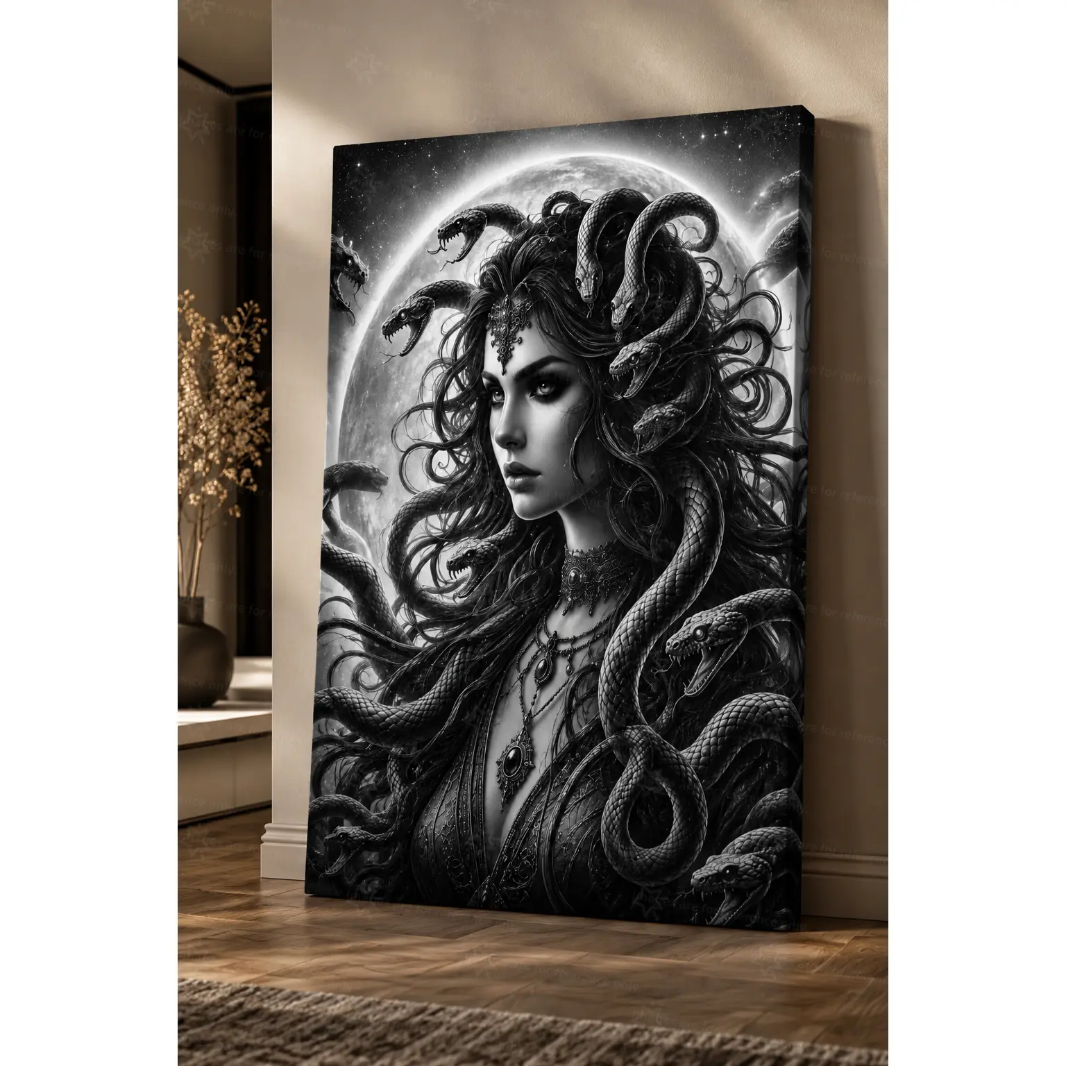 Black White Medusa Snake Hair Full Moon Starry Sky Wall Art Canvas Poster, Dark Myth Gothic Fantasy Decorative Poster Prints, Bedroom Living Room Mystical Dark Wall Decor, Available as Unframed Canvas Poster or Framed Canvas Wrap