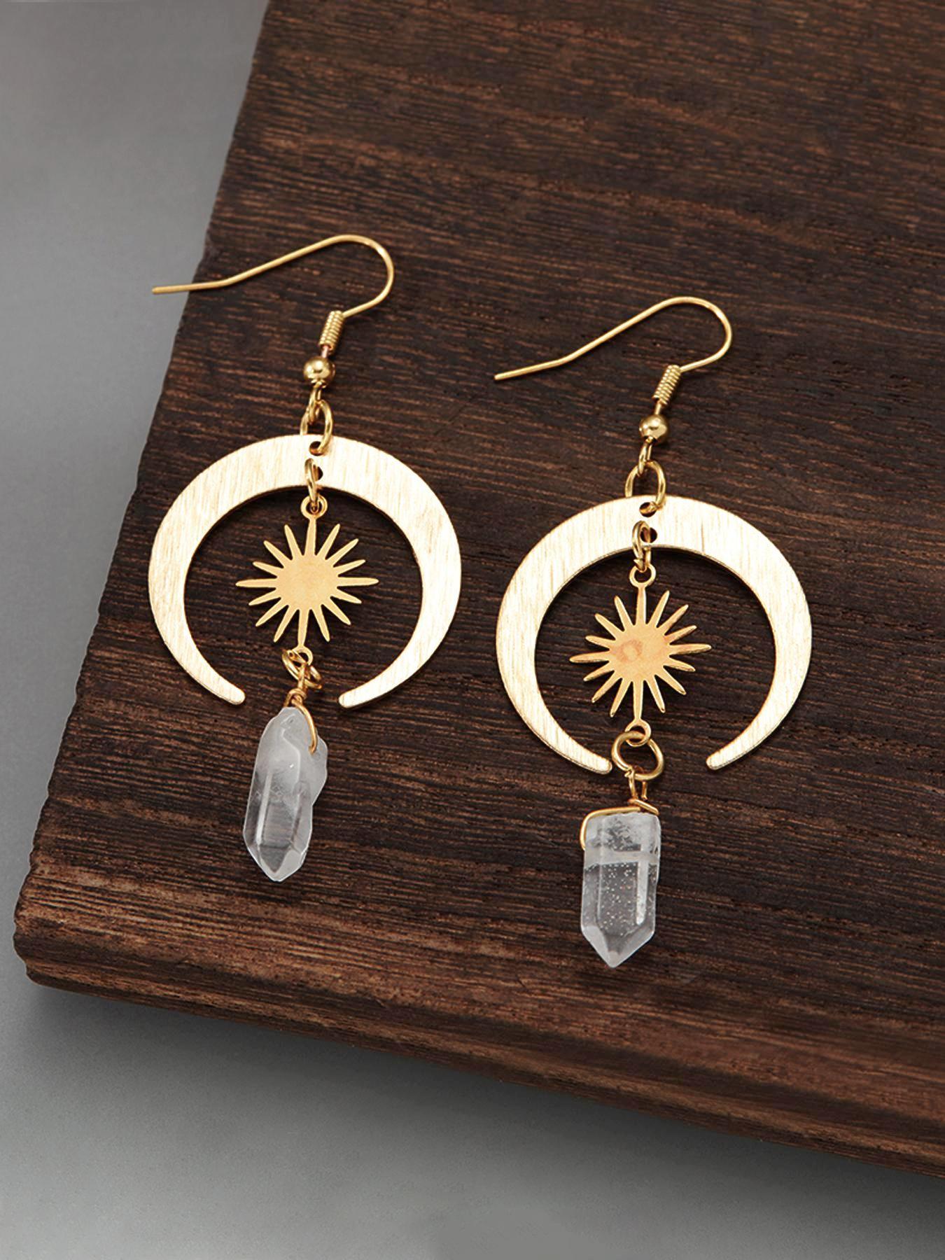 Boho Style Sun & Moon Design Dangle Earrings, Vintage Clear Stone Decor Dangle Earrings, Fashion Jewelry Accessories for Women, Trendy Jewellery Accessories