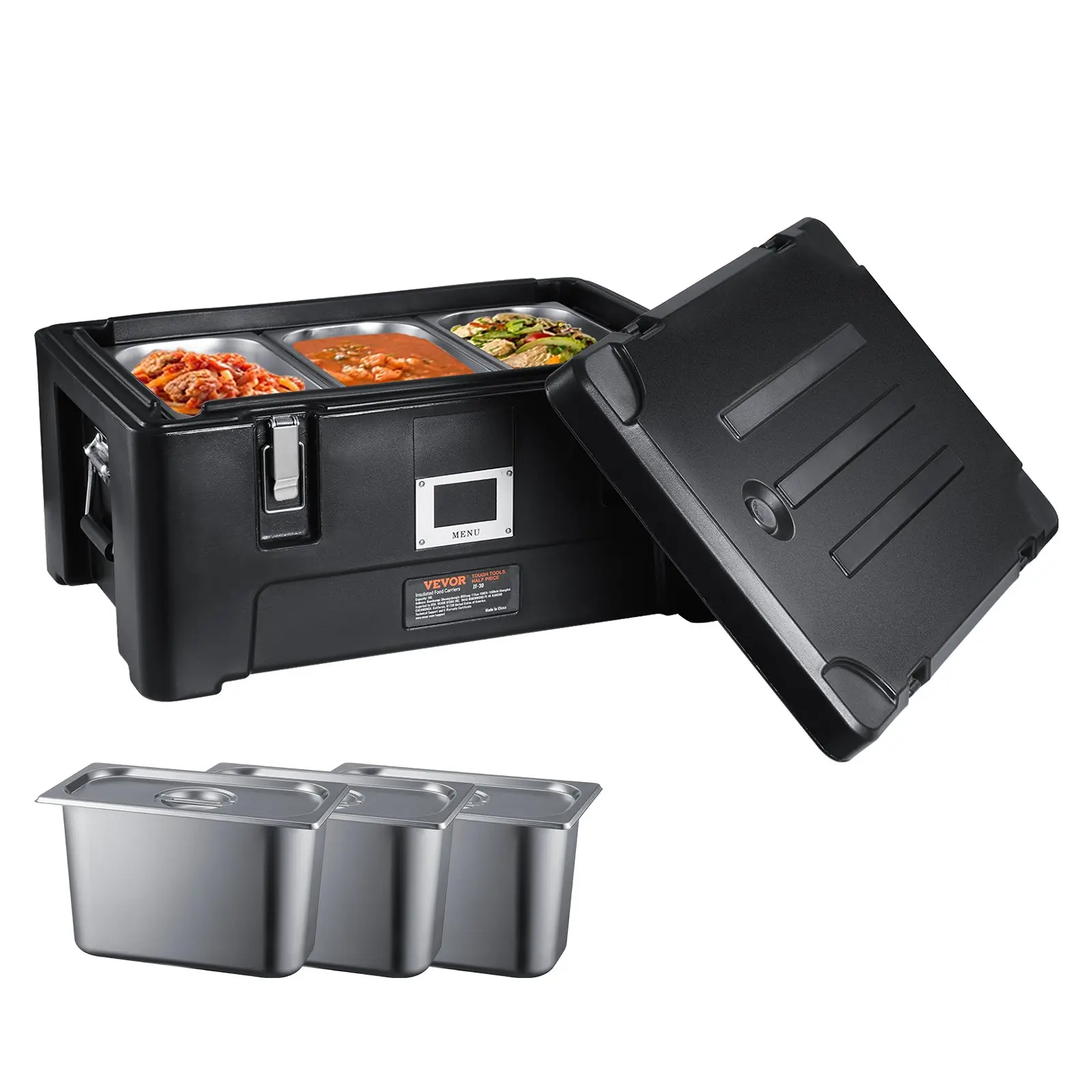【DealsForYouDays】VEVOR 36Qt Insulated Thermal Food Pan Carrier Warmer (30L), 24.7x17x12.2 Inch Stackable Catering Hot Box with 3 Stainless Steel Pans, Top-Load LLDPE Holder with Elastic Handles & Buckles, for Hotels, Restaurant Plate/Dish Storage, Black,