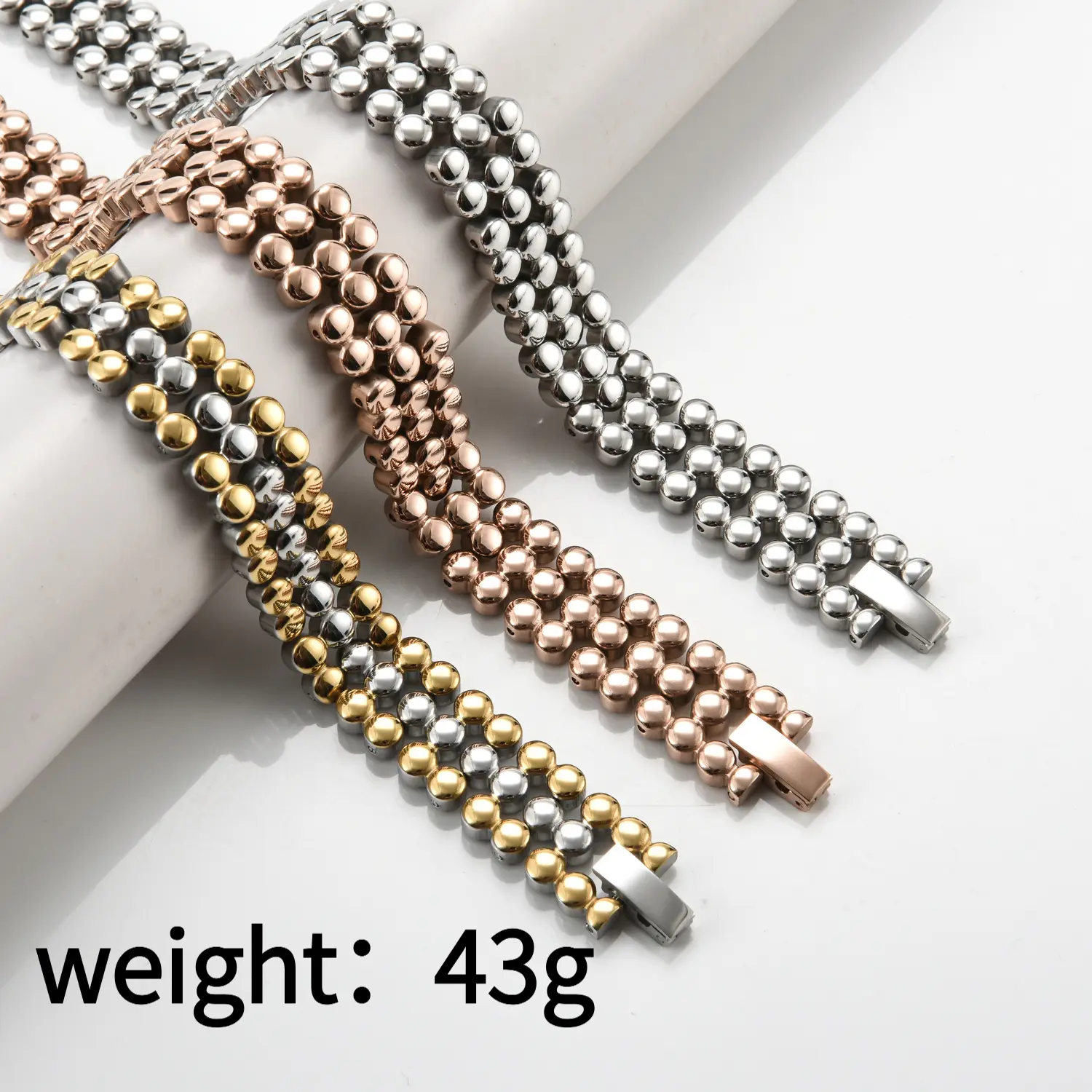 Men's Titanium Steel Rose Gold Dot Beaded Chain Magnetic Close Wrist Bracelet - Lightweight, Modern, Negative Ions, Casual Wear Fashion Costume Jewelry Bangle
