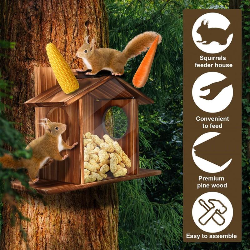 Bingopaw Wood Squirrel Feeder Outside Winter Wooden Chipmunk Feeder Corn Peanuts