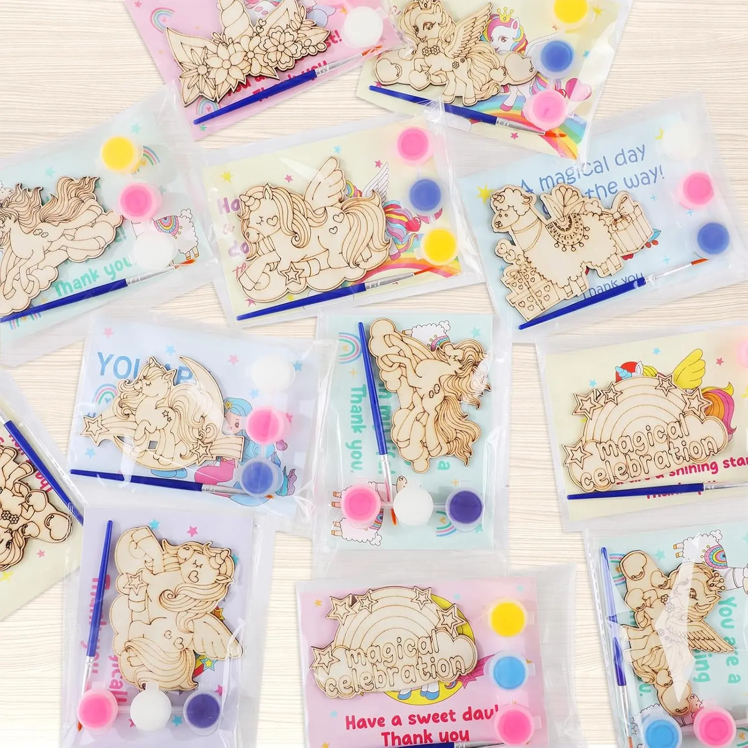 24 Set Unicorn Birthday Party Favors Cards with Wood Painting Crafts Unicorn Coloring Party Supplies Unicorns Wooden Arts and Crafts Tables Centerpieces for Baby Shower Christmas Gifts Decorations