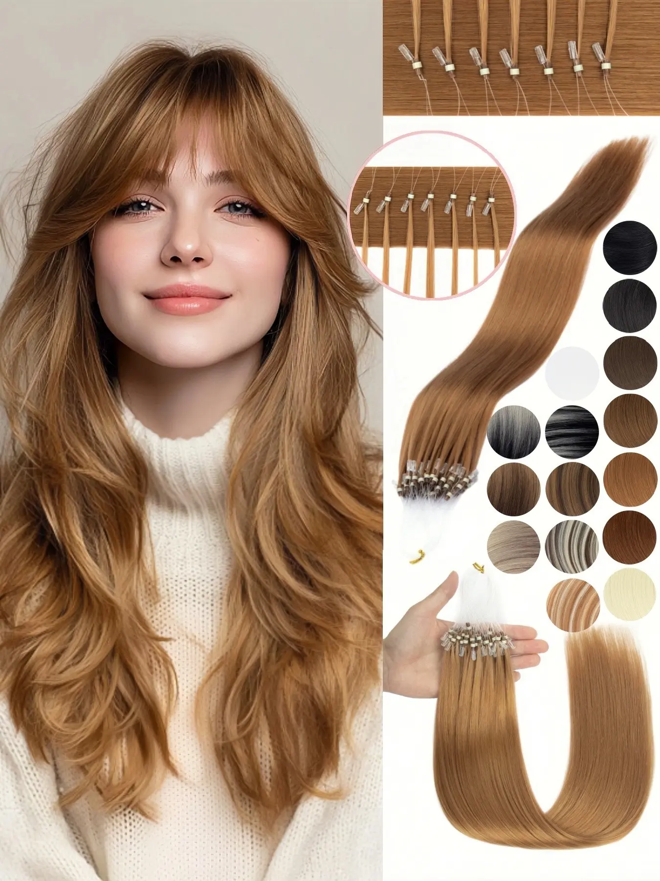 Premium Smooth Synthetic Fiber Micro Ring Hair Extensions, Long Lasting, Natural Look, Easy to Install, Volume Boost, Festival, Wedding, Cosplay, Synthetic Straight Hair