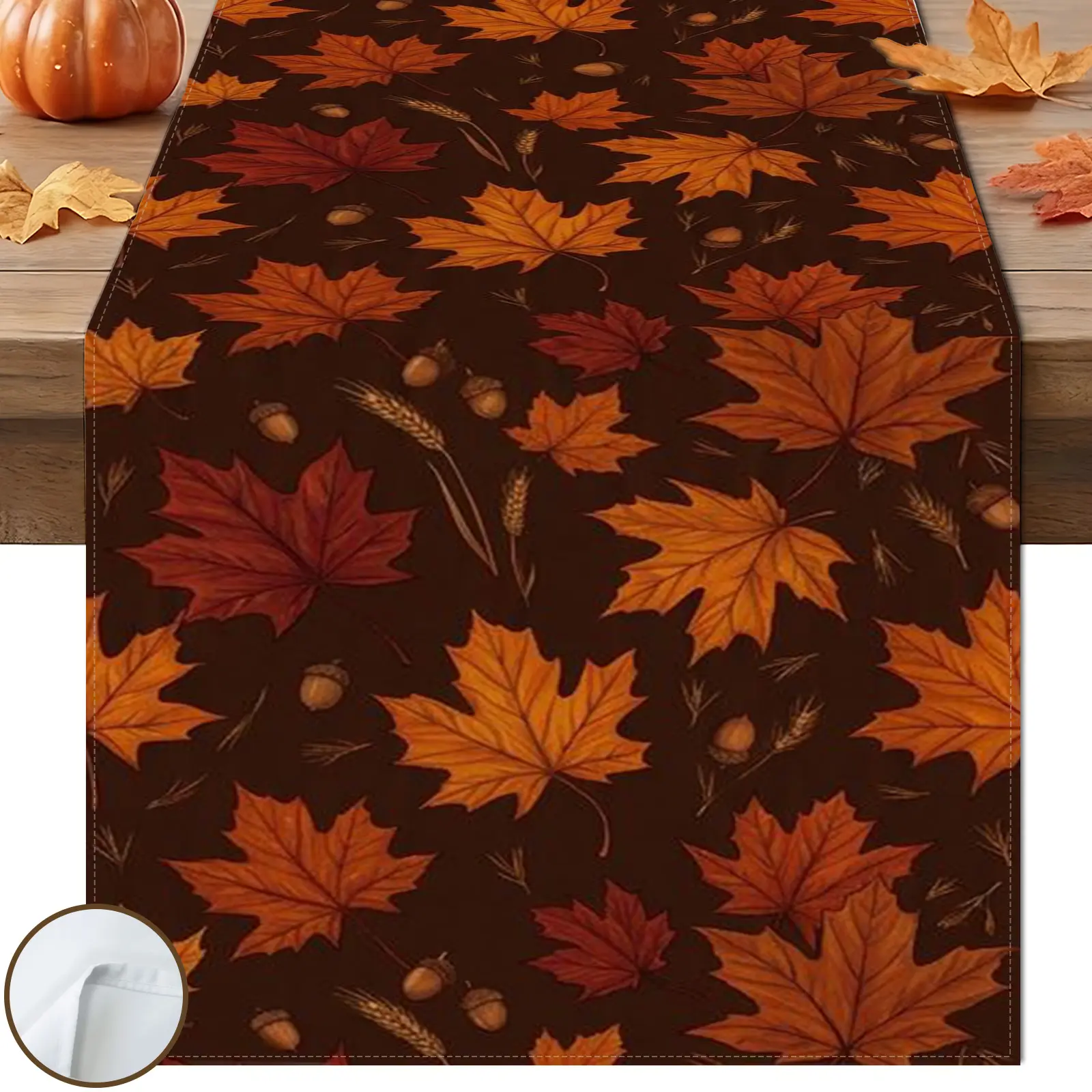 1pc Dark Maple Wheat Table Runner, Autumn Dark Tone Style, Dark Brown Red Orange Maple Acorn Wheat Pattern, for Fall Thanksgiving Table Decor.