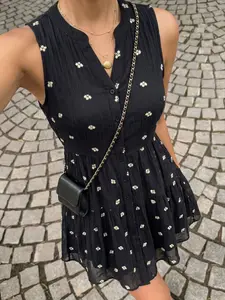Black Floral Embroidered Sleeveless Tiered Mini Dress, Women’s V-Neck Button Down Flowy Babydoll Dress, Casual Summer Sundress with White Flower Embroidery, Cute Tiered A-Line Dress for Everyday Wear, Brunch, Vacation & Street Style, Trendy 2025 Short Dre