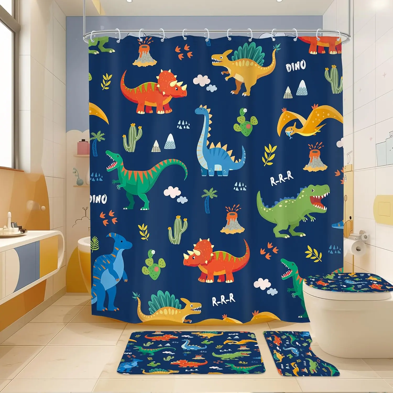 4 PCS Kids Dinosaur Shower Curtain Set, Kid Boys Bathroom Set, 72Wx72H Cartoon Dino Cute Funny Complete Bathroom Decor Non-Slip Bath Rug Toilet Lid Cover U Shape Mat Accessories with 12 Hooks