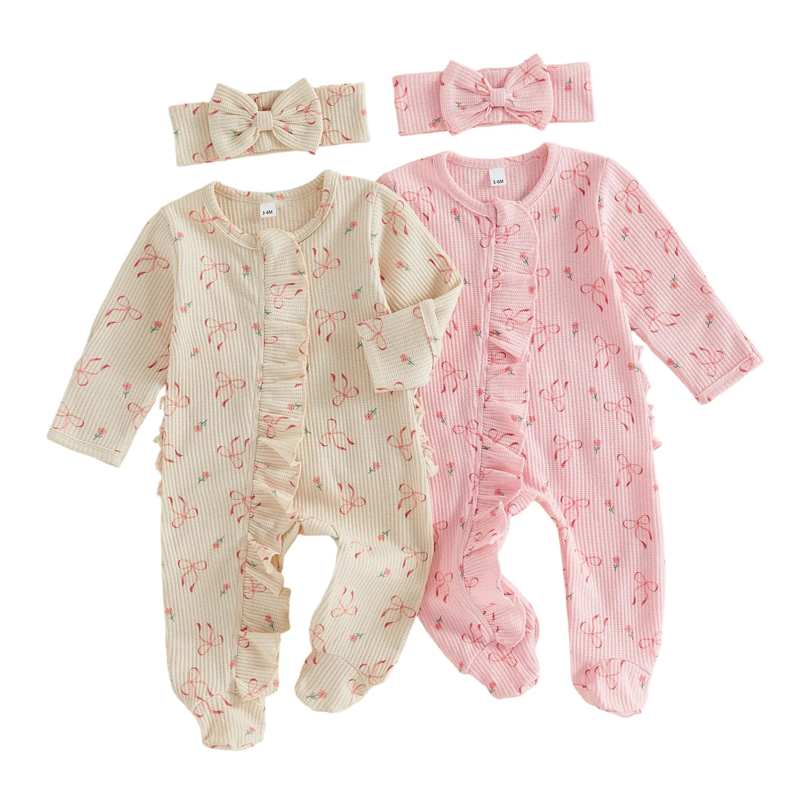 Newborn Baby Girl 2Pcs Fall Outfits Long Sleeve Bow Floral Print Jumpsuit with Headband Set 0-6 Months