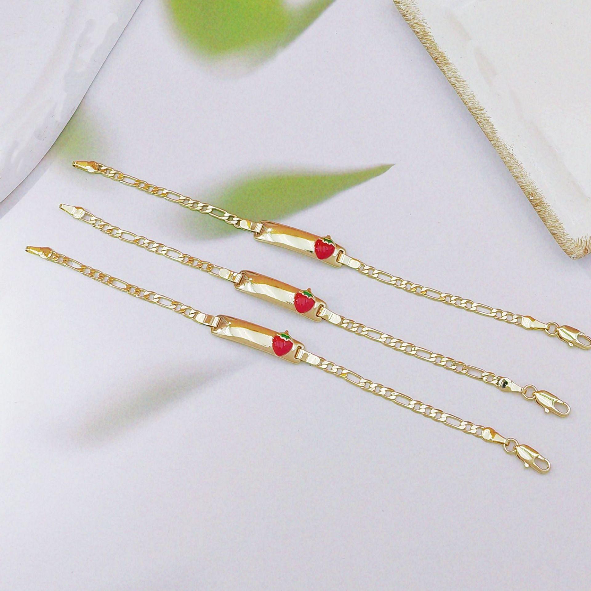 18K Gold Plated Brass Square Tag Bracelet for Women Cute Cartoon Strawberry Enamel Charm Dainty Luxury Jewelry Trendy High-End Aesthetic Accessory for Daily Wear & Gift Giving