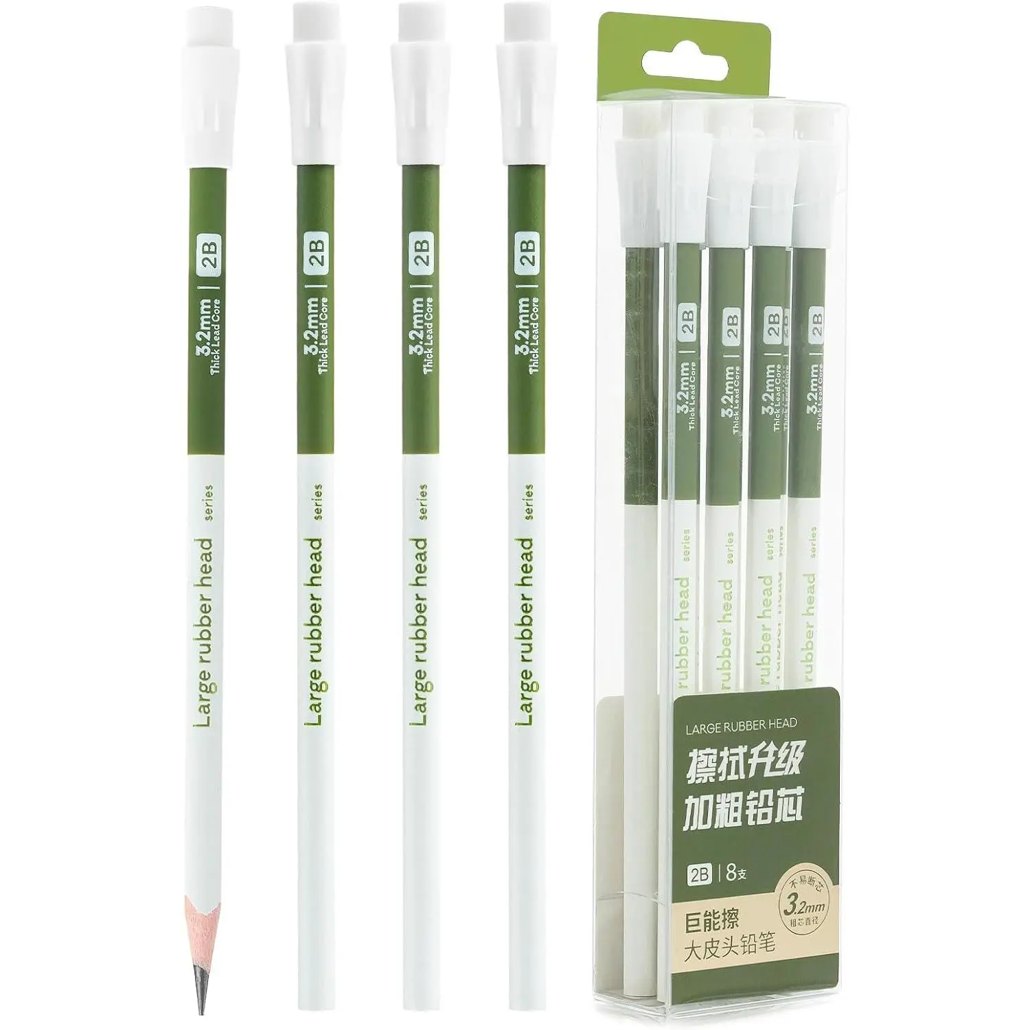 8 Pack 2B Triangular -Cased Pencils, 3.2mm Thick Lead, Unsharpened with  Erasers, Balanced  Grip for Student  Daily Writing, School Office Classroom Use