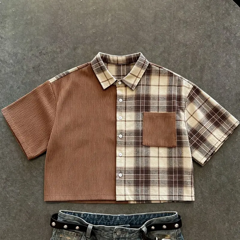 Unisex Retro Patchwork Cropped Short‑Sleeve Shirt, Color‑Block Checked Plaid & Ribbed Splicing Top with Chest Pocket, Casual Streetwear Blouse for Men and Women