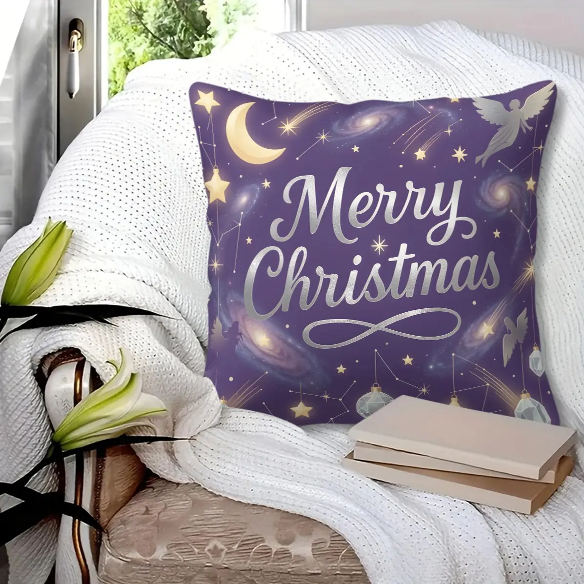 45x45cm1Pc Starry Angel Christmas Throw Pillow, Moon Comet Crystal Snowflake Print, Light Luxury Indoor Holiday Cushion With Insert