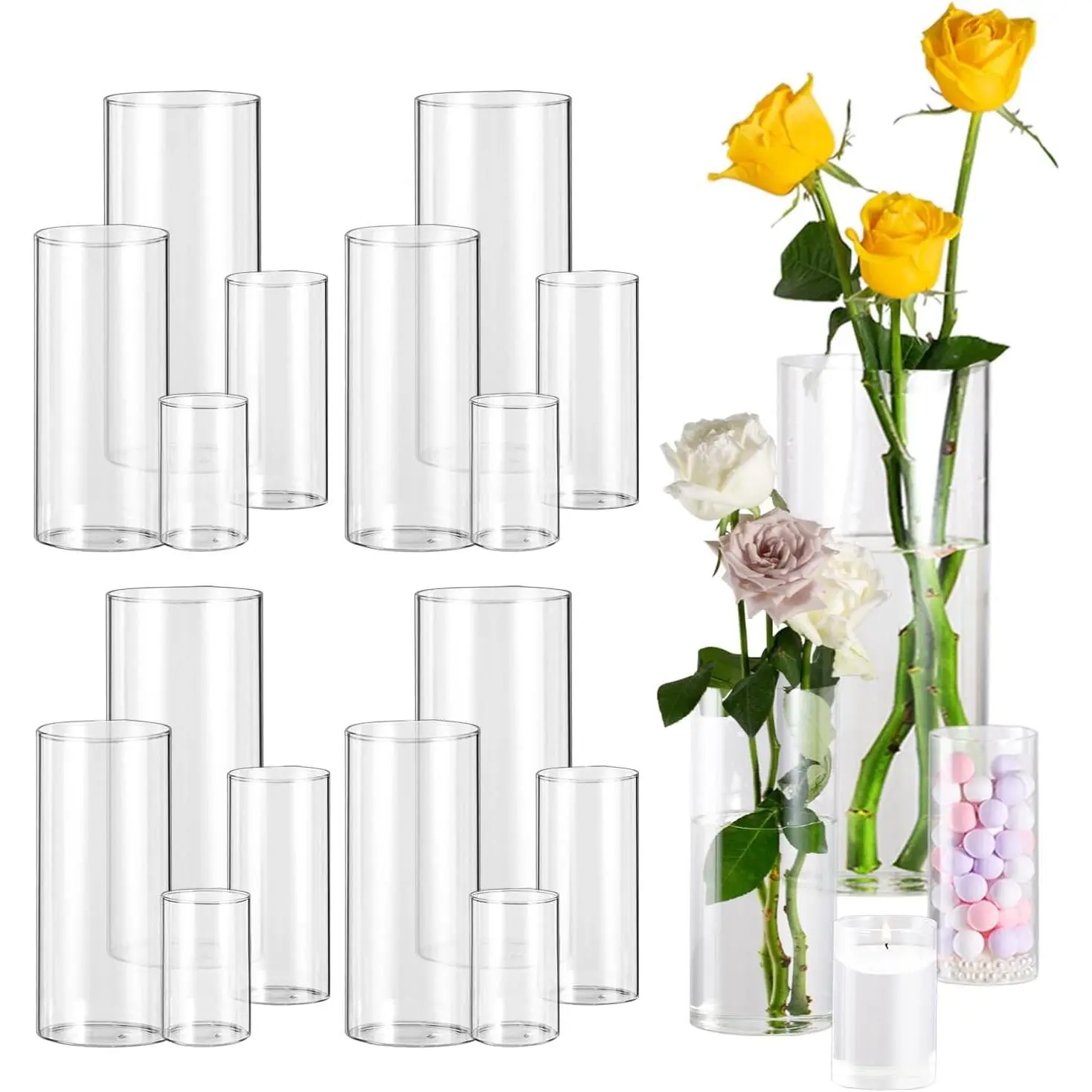 Clear Glass Cylinder Vases for Centerpieces, 4,6,8,10 Inch Tall Clear Flower Vases Wedding Decorations, Glass Hurricane Candle Holder for Table Shelf (16 Pack(4,6,8,10 Inch))
