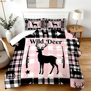 2/3Pcs Patchwork Style Deer Silhouette Comforter Set,(1-2 Pillowcases, No Pillow Inserts), Durable Fluffy Inner Filling, Creative Hunting-Themed Design, Perfect As A Exquisite Gift