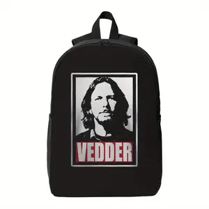Vedder Backpack - Minimalist black-and-white portrait design with red text, zipper closure, suitable for university, travel, work - durable for daily use