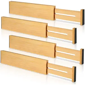 4 Pack Bamboo Drawer Dividers 2.6" High, Adjustable Length 12-17 Inch, Expandable Drawer Organizer Separators for Clothes Kitchen Bedroom Dresser Office (Beige)