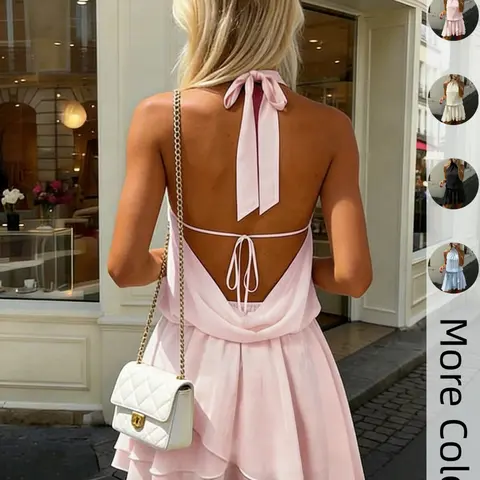 Women's Backless Sleeveless Layered Ruffle Mini Dress, Elegant Chic Party Cocktail Sundress, All Seasons Fashionable Dress, Backless Ruffled Dress