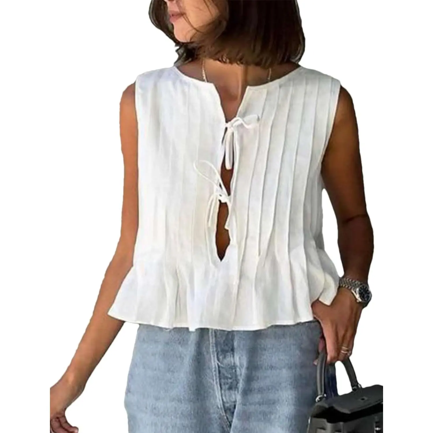 Women's Linen Tie Front Shirts Sleeveless Y2K Babydoll Ruffle Tank Top Aesthetic Clothes