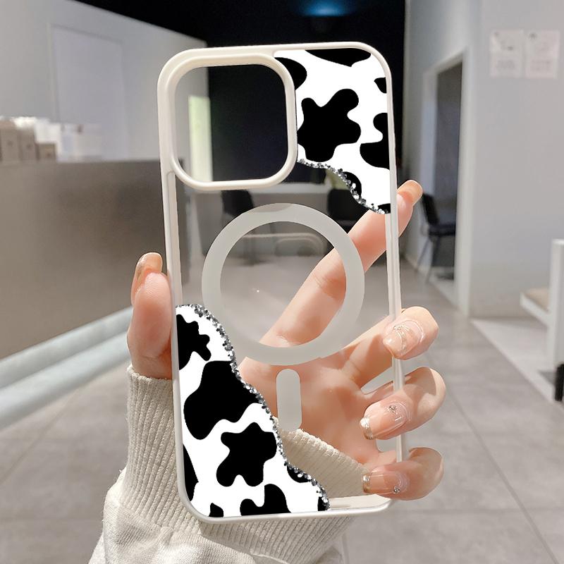 Cow Print Corner Pattern Magnetic Phone Case for IPhone 17 Pro Max 16 Plus 15 14 13 12 11 Air E Plus Non-Yellowing Clear Crystal Drop-proof Slim Silicone Shockproof Transparent Acrylic Cover Supports Wireless Charging