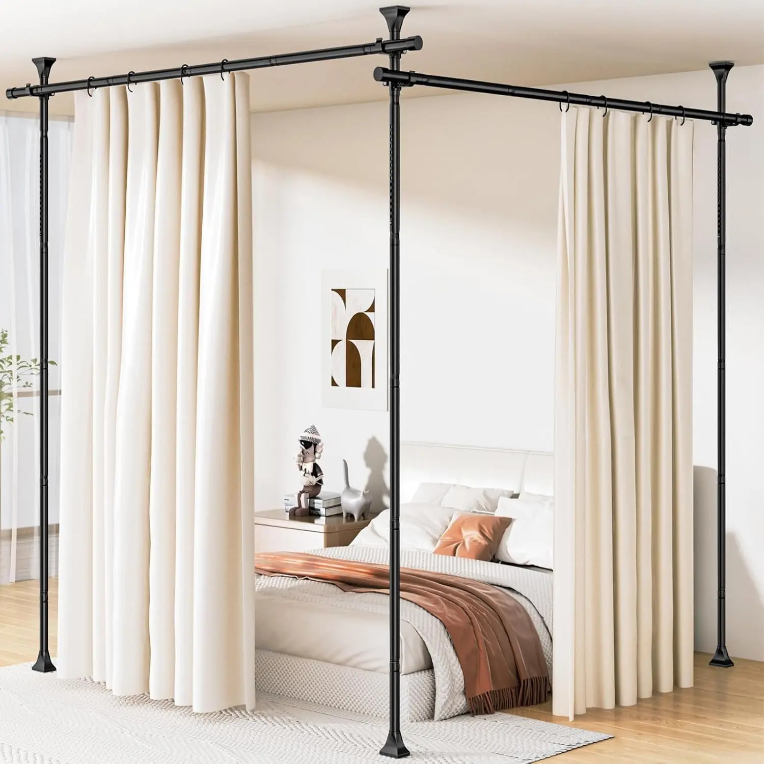 No Drilling Adjustable Tension Room Divider Curtain Rod 4-10ft H 28-114in W Freestanding Temporary Privacy Space Separator Black