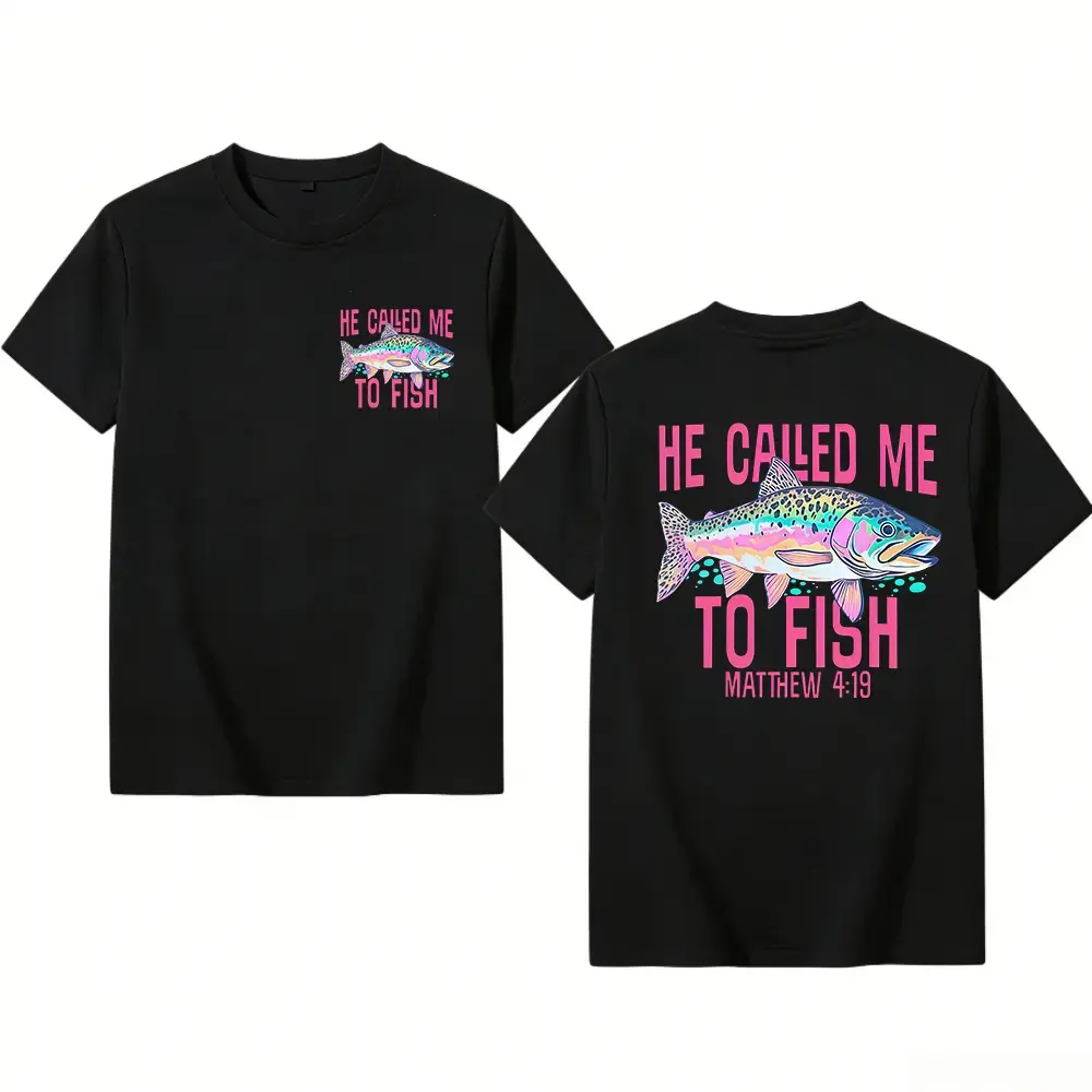 Retro Washed T-Shirt 'HE CALLED ME TO FISH' Letter And FISH Pattern Print, Mens TShirt, Mens Shirt Casual, Comfortable, Fashionable T-Shirt, Street Style