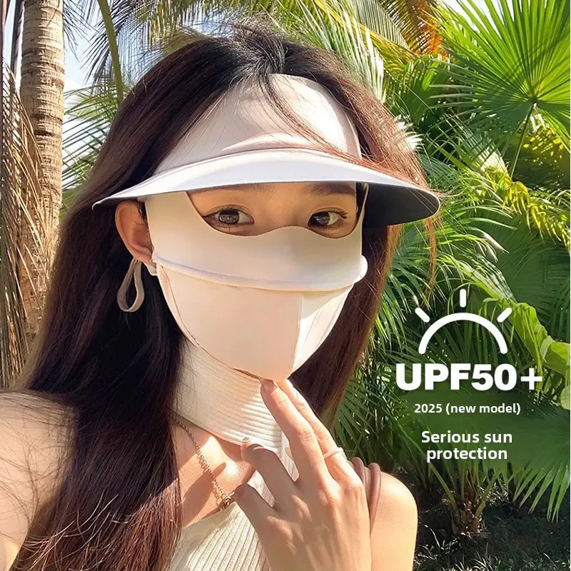 Full face sunscreen mask hat integrated outdoor shading UV protection face kini summer ice silk breathable mask women