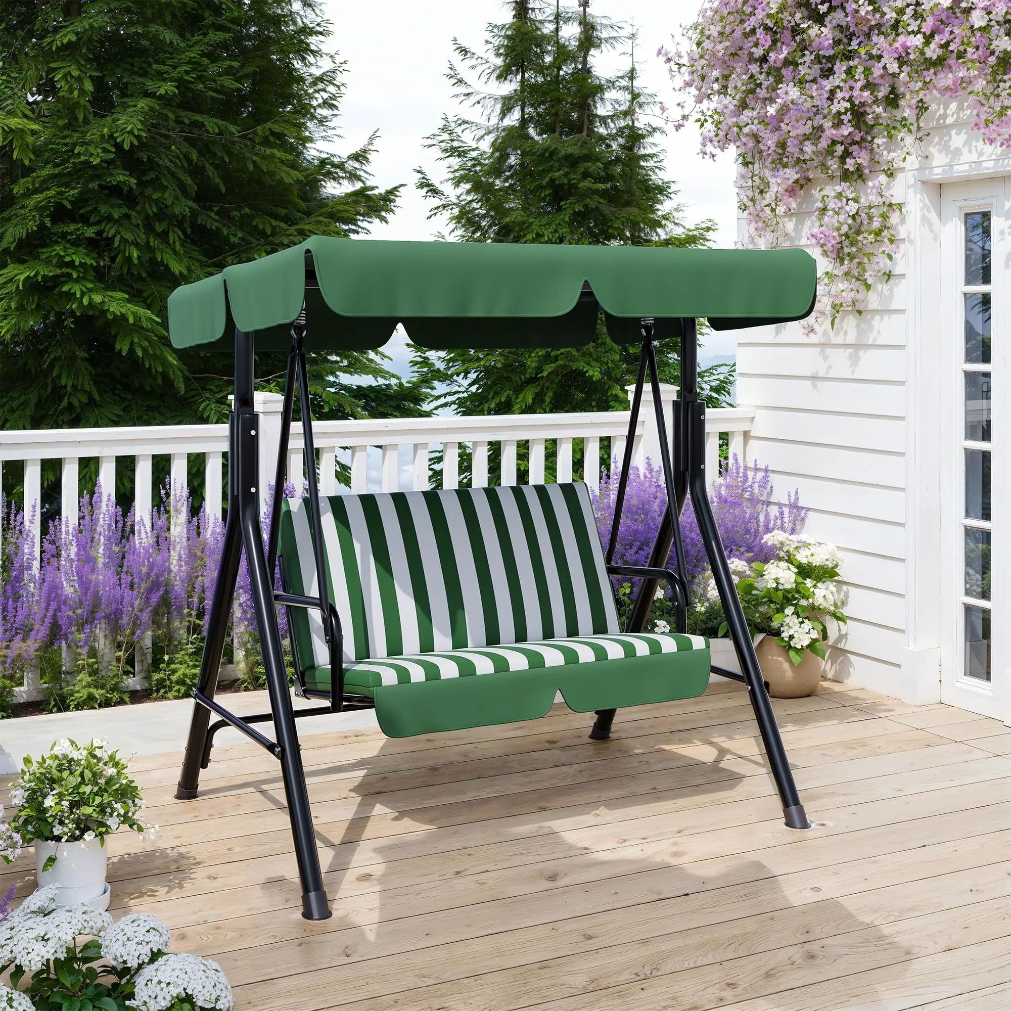 Heavy Duty 3 Seat Outdoor Swing Chair Adjustable Canopy Sturdy Metal Frame Patio Porch Swing with Stand Comfortable Seating Garden Backyard Poolside