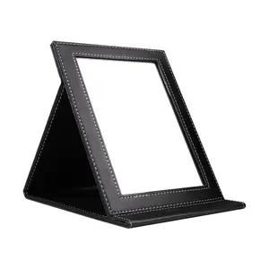 Folding Mirror Portable Travel PU Adjustable Rectangular Ultrathin Vanity Mirror with Stand, for Travel, Camping,Home