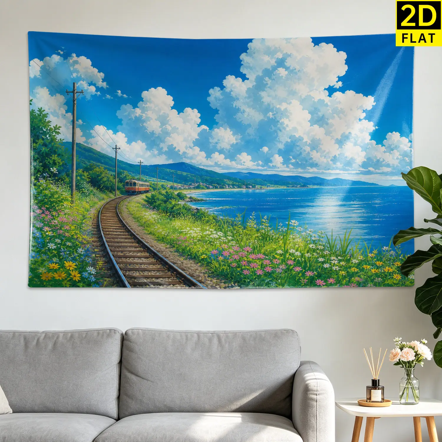 Large Horizontal Polyester Colorfast Railway Blue Sky Nature Landscape Wall Tapestry - Home Decor Artwork, Room Decor Wall Hanging for Living Room, No Installation Required, Gift Idea for Family, Living Space
