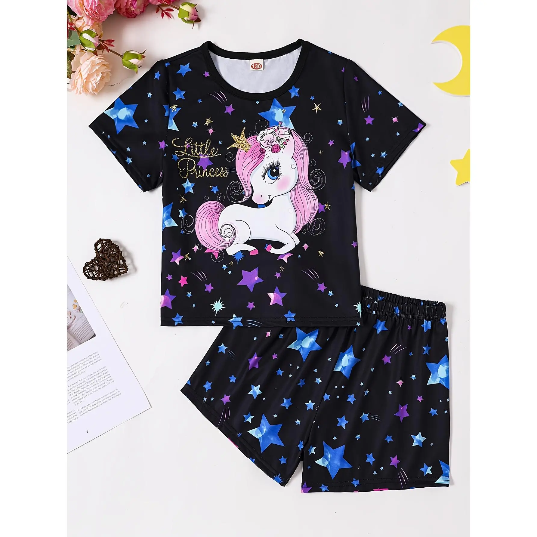 Girls' 2-Piece Luminous Unicorn Star Knit Pajama Set, Elastane Soft Skin-Friendly Short T-Shirt & Shorts, Cold Wash Machine-Washable for Cozy Lounging, Polyester, Short Sleeve Tops