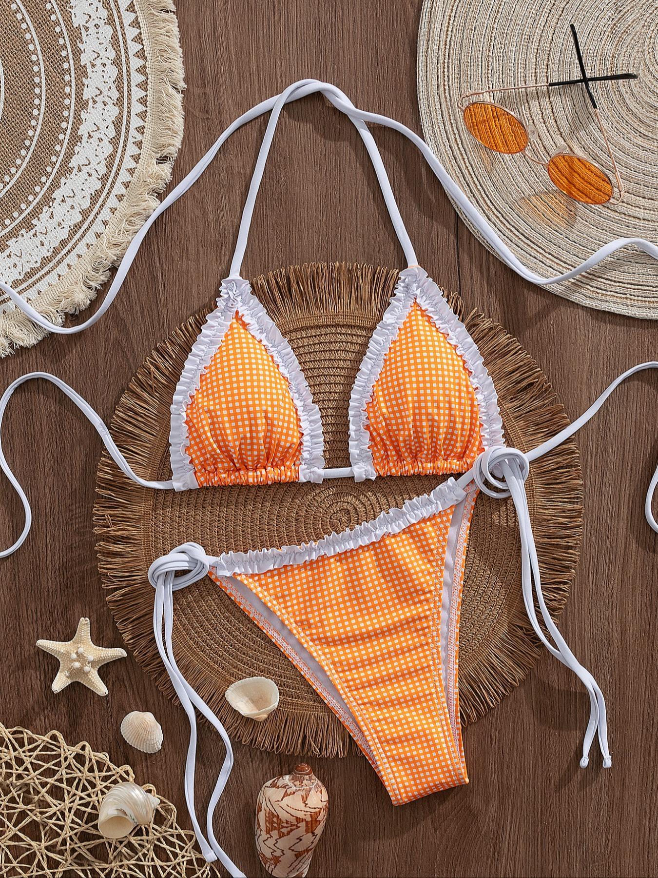 Two-piece Set Women's Gingham  Print Bikini Set, Casual Fashion Chic Swim Top & Swim Bottom Set for Beach Holiday Vacation, Ladies Swimsuit for All Seasons