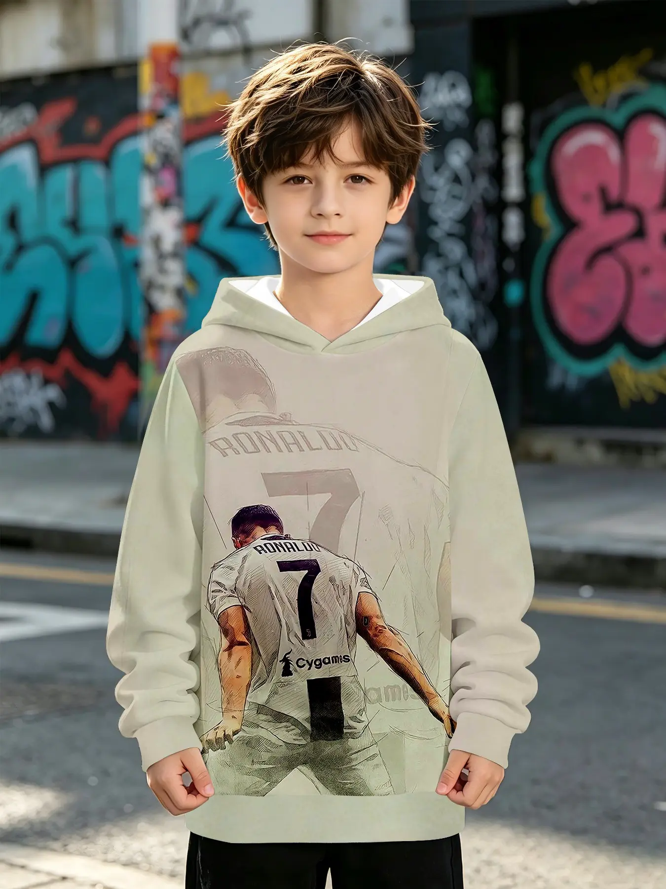 Autumn Boys' Light Hooded Sweatshirt, Sweatshirt Or Hoodie, Cristiano Ronaldo 7 Hand-Drawn Backprint, Long Sleeve Loose Fit, Casual Fall & Winter Wear