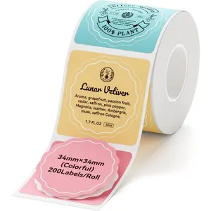 Colorful Thermal Replacement Labels for B1/B21/B31 Label Makers, 34 x 34 mm (1.34" x 1.34"), 200 Labels/Roll, Suitable for Home Office Small Business Labeling