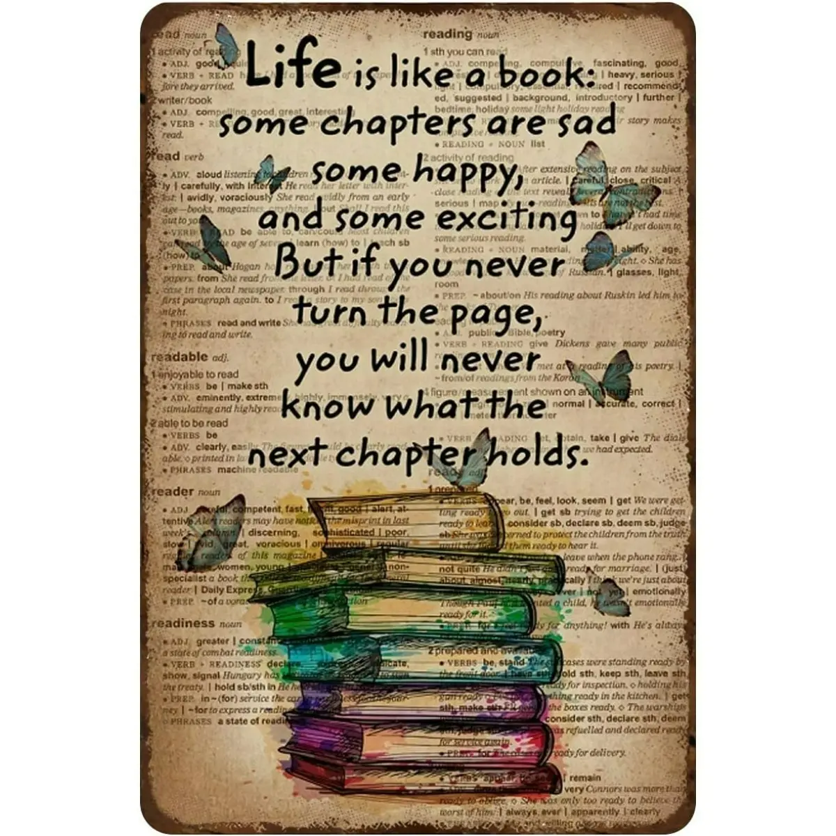 Inspirational "Life Is Like a Book" Metal Sign, Vintage Reading Quote Wall Decor for Library, Classroom, Home Office, Cafe, Book Lover Gift, Rustic Hanging Plaque (8 x 12 Inch)