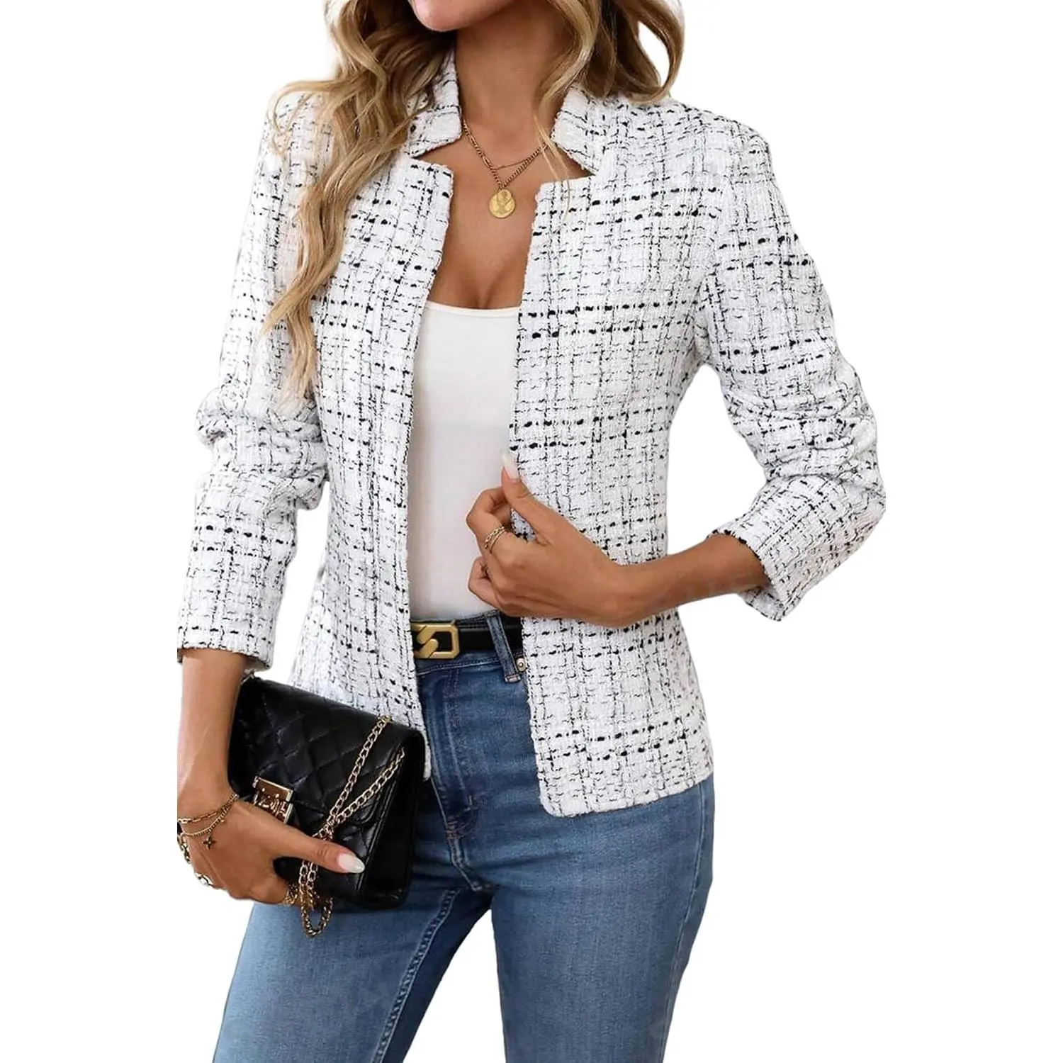 Women's Tweed Open Front Blazer Long Sleeve Jacket Notch Collar Fully Lined Casual Business Work Office CoatGift