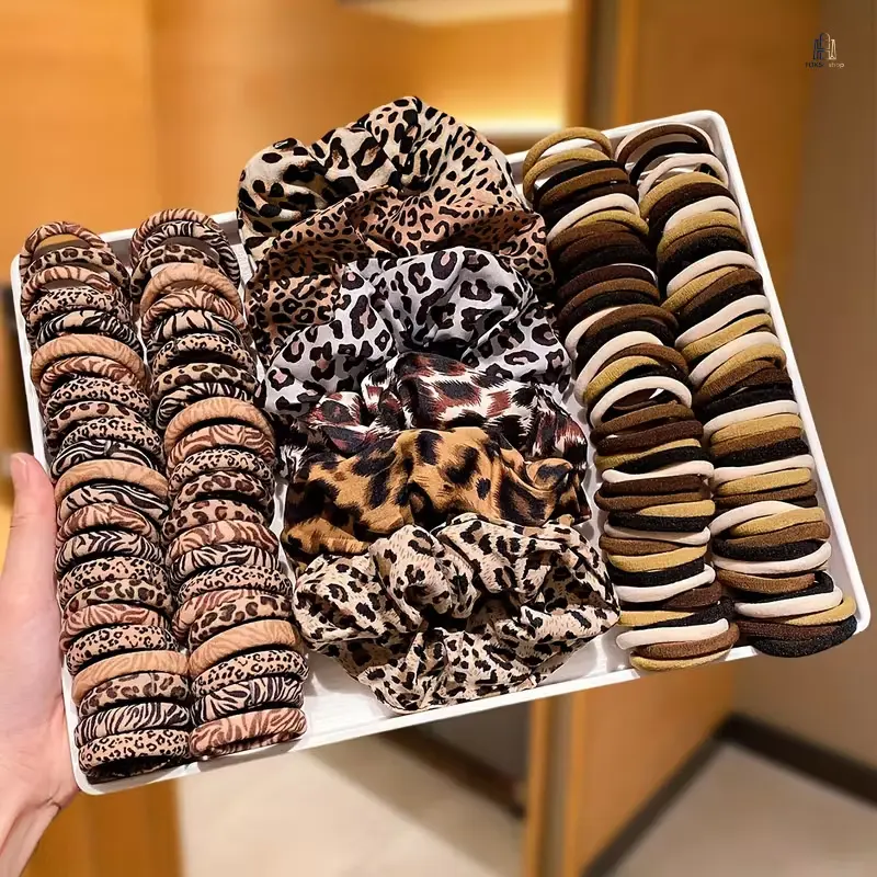 Leopard Print Scrunchie Set |   Optional 66Pcs/116Pcs Retro Fabric Hair Ties, Premium Vintage Ponytail Holders, Elegant All-match Hair Accessories for Daily Hairstyling