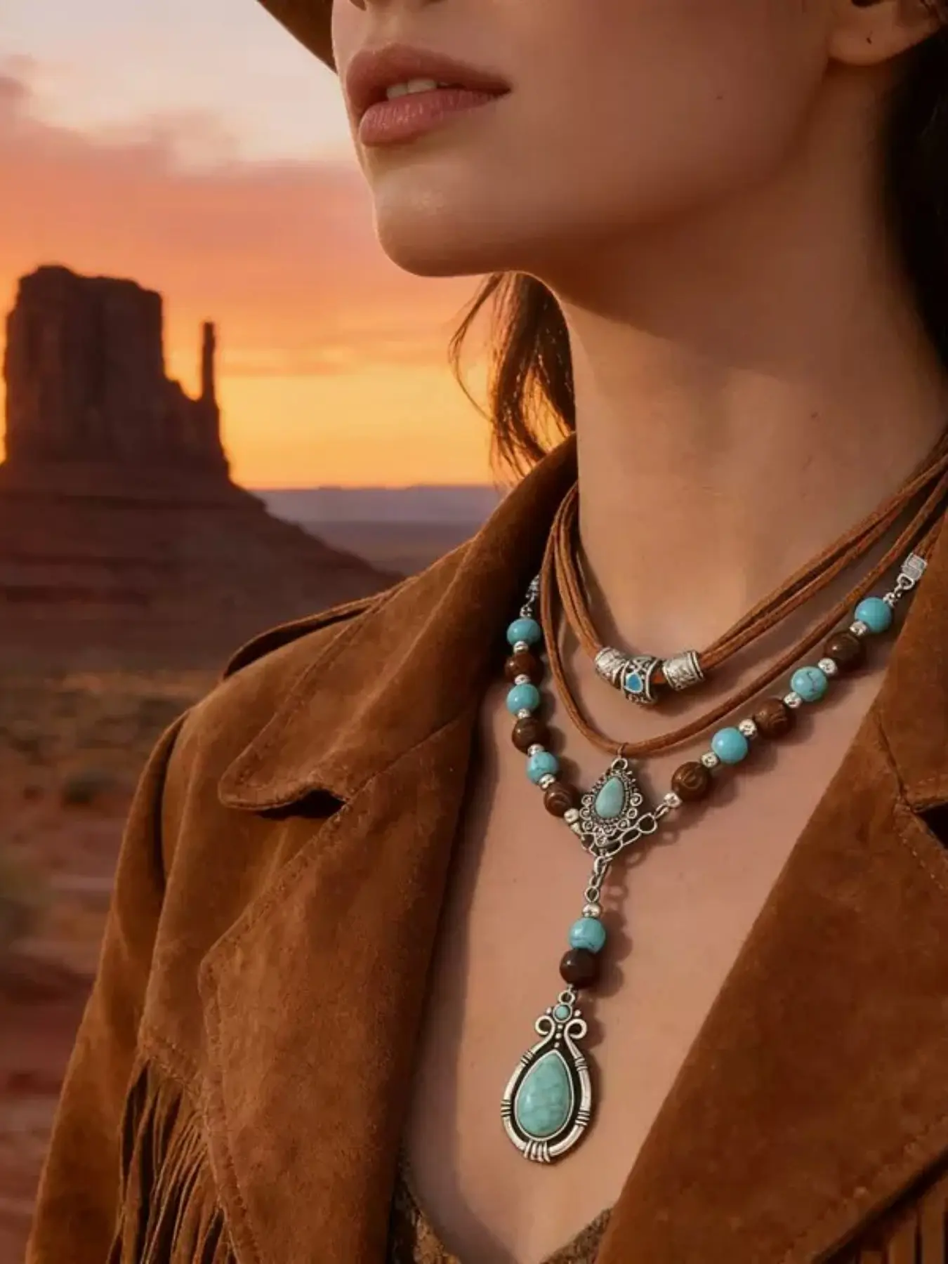 Vintage Multi-Layer Leather Rope Necklace for Women, Ethnic Turquoise Pendant Choker, Bohemian Aesthetic Style Fashion Jewelry