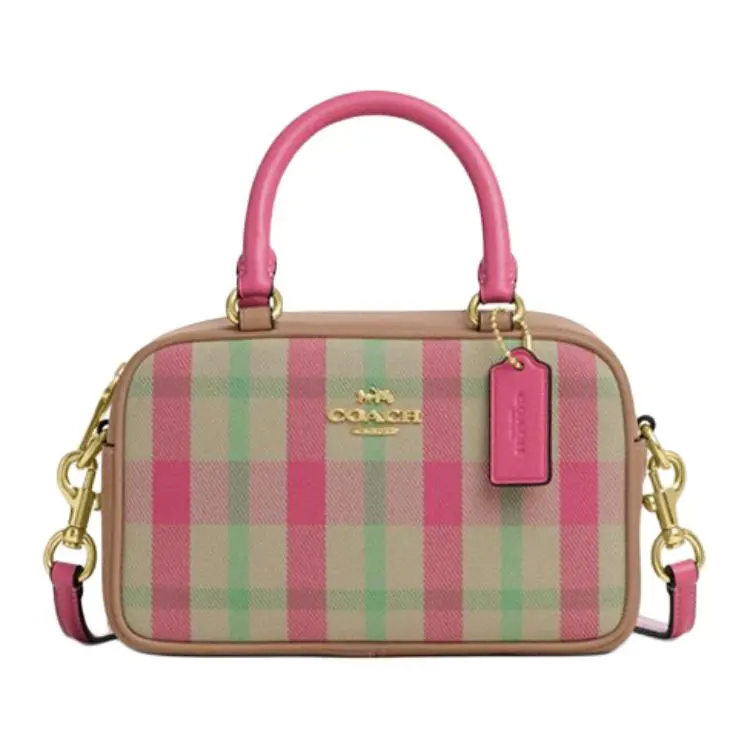Coach Boston Bag for Women – Logo-Emblazoned Contrast-Check Leather Shoulder Crossbody Handbag