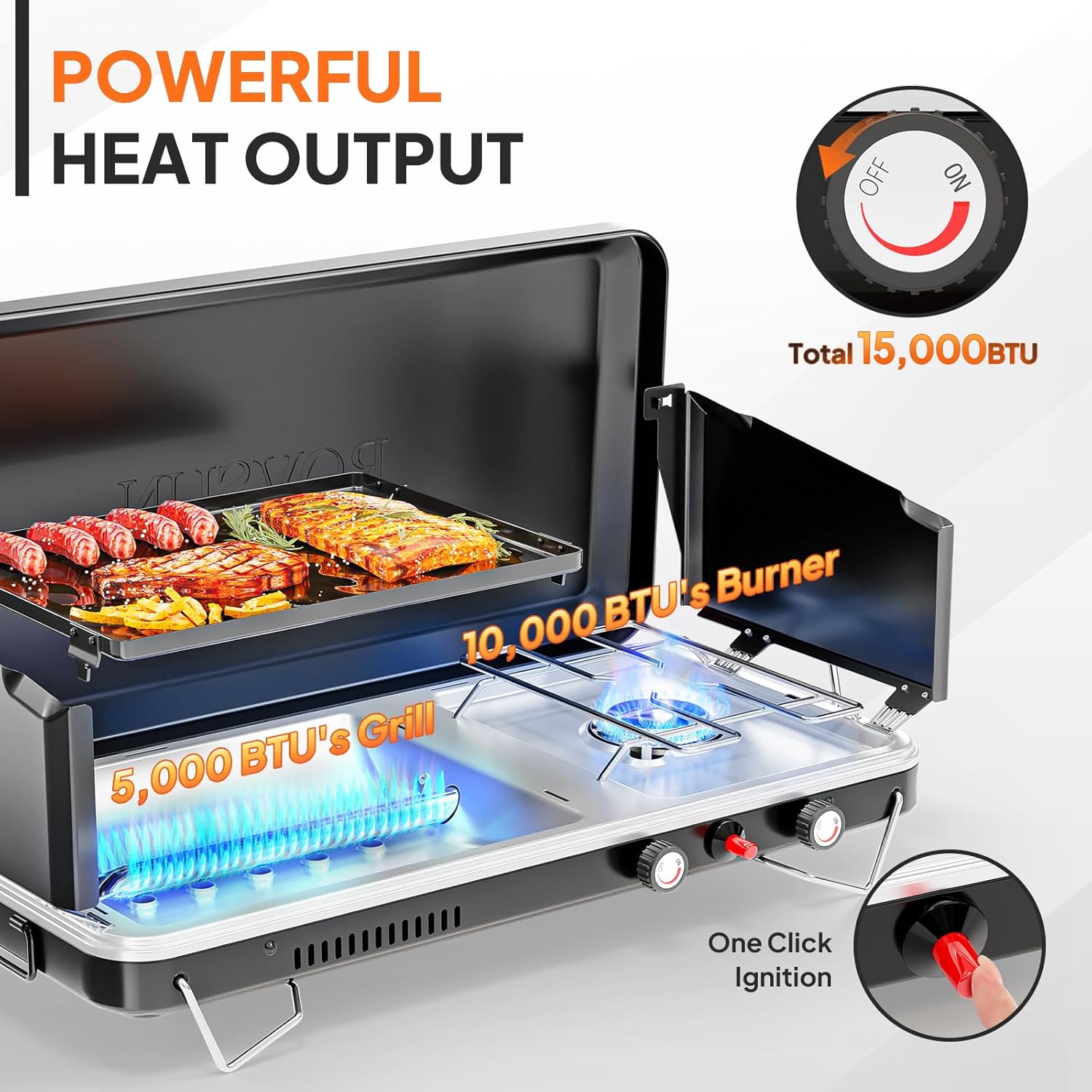 ROVSUN 2-in-1 Portable Camping Stove & Propane Grill with Enamel Griddle & Piezo Igniter, Tabletop Camp Stove with Built-in Handle, Wind Panel & Regulator for Outdoor Camping, Tailgating, Grilling