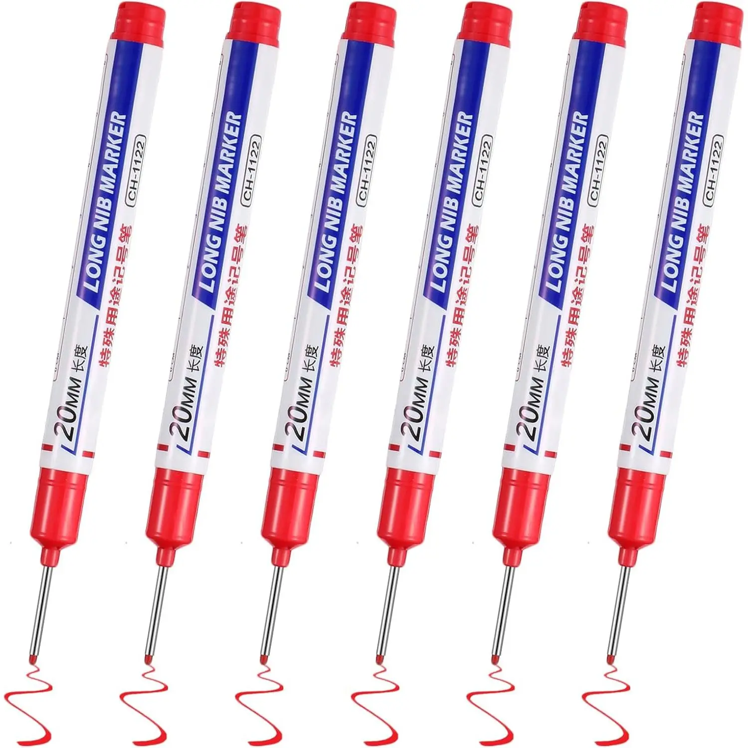 6 count Long  Deep Hole Marker Pens,  Construction Markers Marking Tool, Permanent Markers Carpenter Ink Marker Pens for Carpenters Builders Decoration Construction (Red)